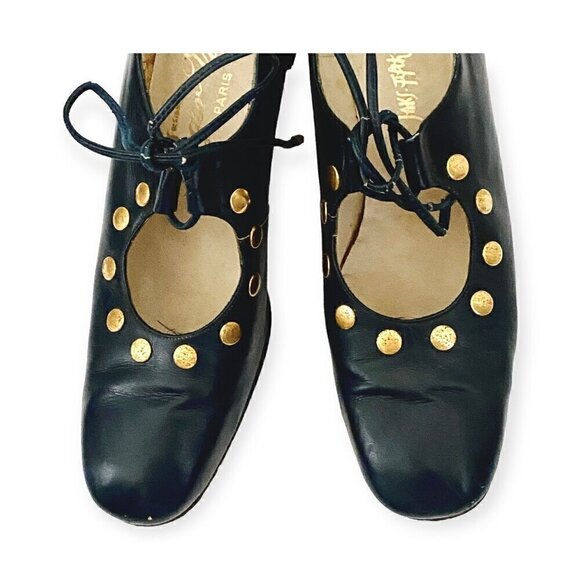 Vintage Roger Vivier Navy Blue Leather Ghillie Pumps with Metal Ornamentation, N - Picture 5 of 16